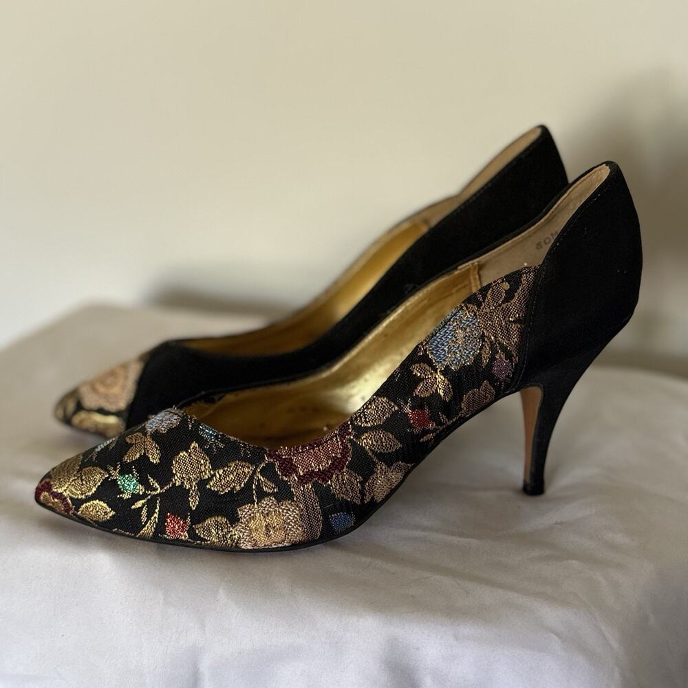 Vintage Dolce by Pierre Pumps 8M Black Floral Brocade Heels Made USA Pointed Toe